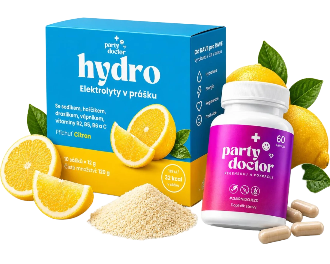 Obalový design Party Doctor – hydro elektrolyty v prášku a kapsle, produktová řada